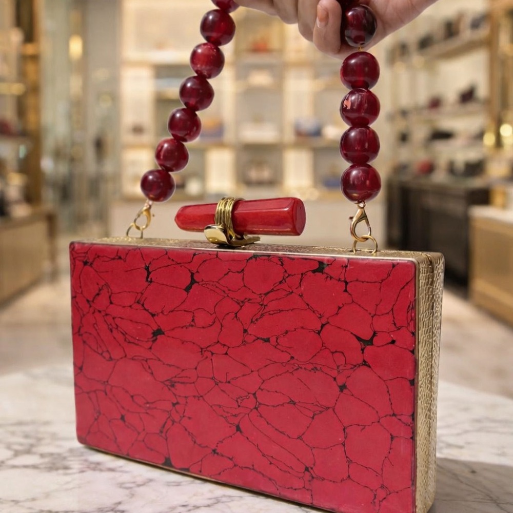 Red Stone-Effect Rectangle Evening Clutch - image 7